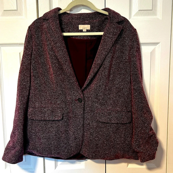 LOFT Burgundy Herringbone Blazer Size 14 Wool Blend - Picture 1 of 7